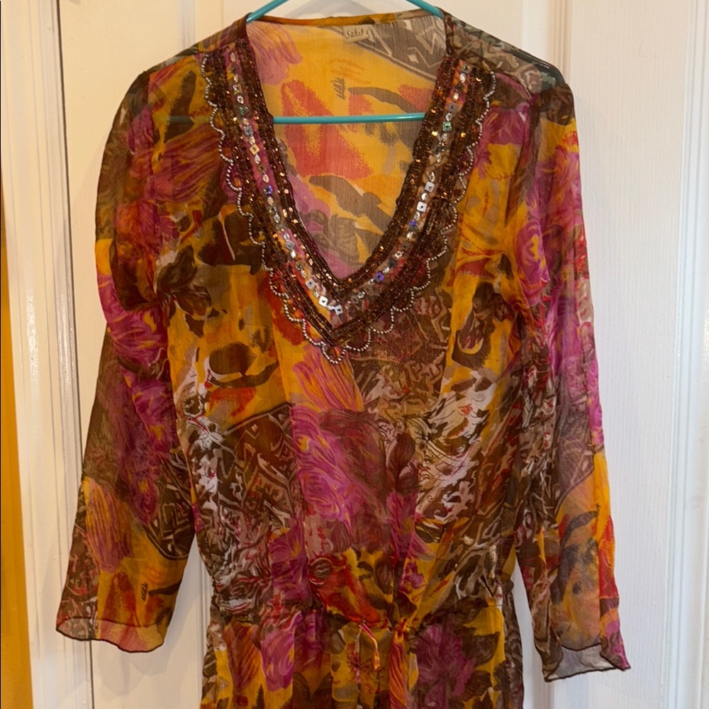 Sheer Floral Sequin-Trim Swim Coverup - Pink & Mustard
